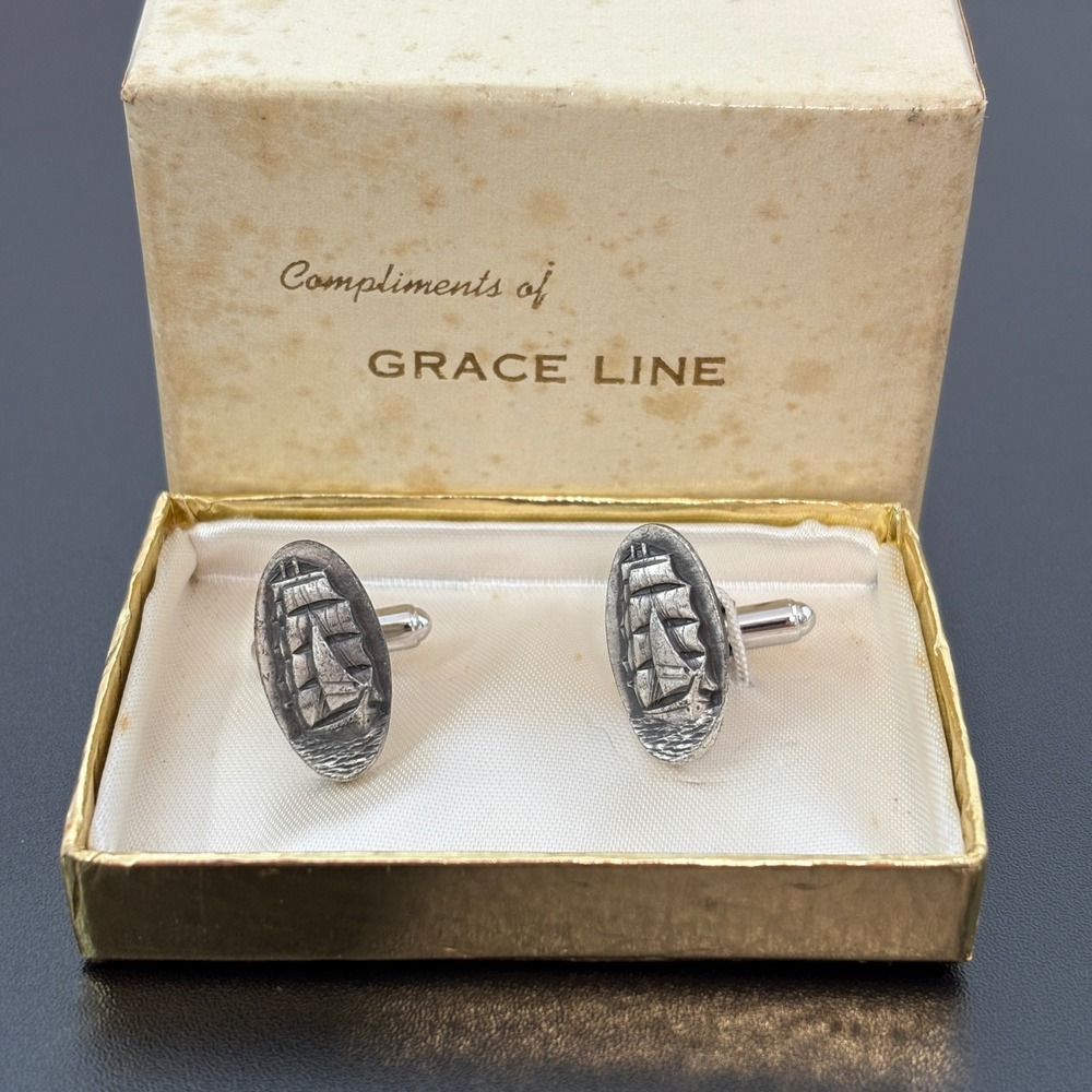 Anson Mens Cufflinks OS Silver Grace Line Sailing Ship Vintage Nautical
